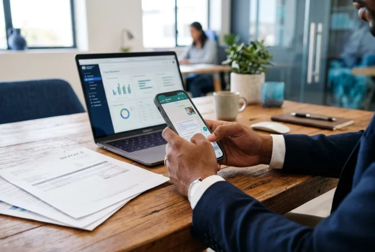Professionnel envoyant un lien de paiement à son client sur smartphone